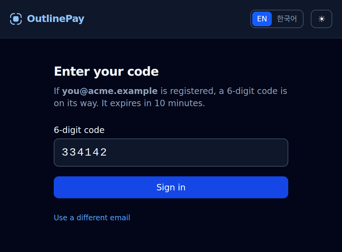 The OutlinePay sign-in window, asking for the 6-digit code