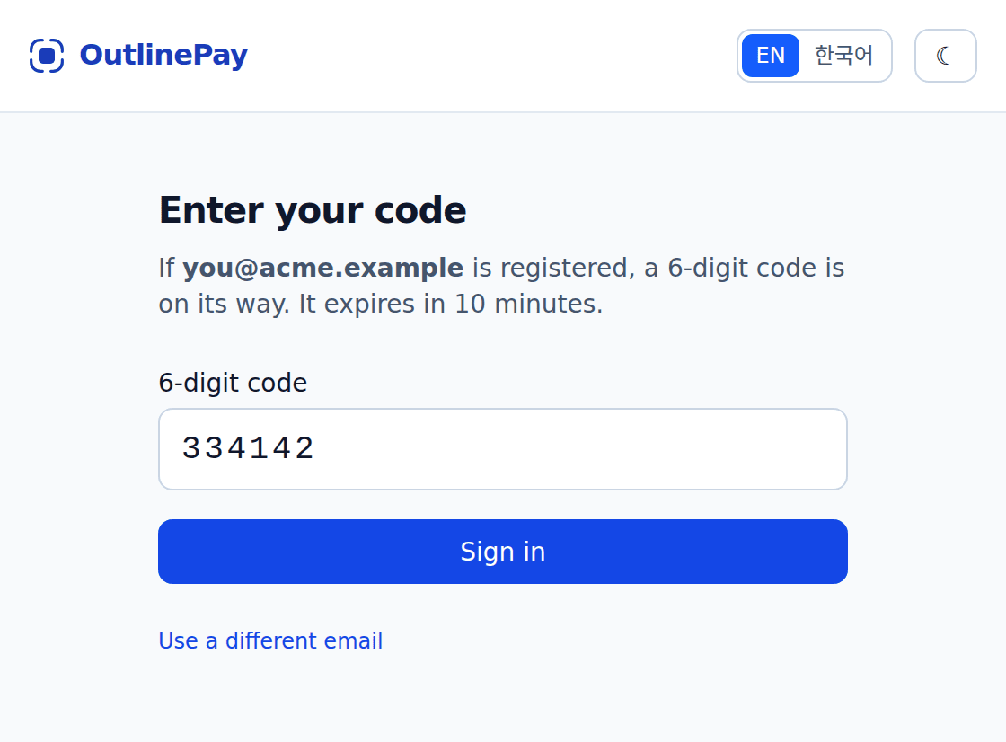 The OutlinePay sign-in window, asking for the 6-digit code